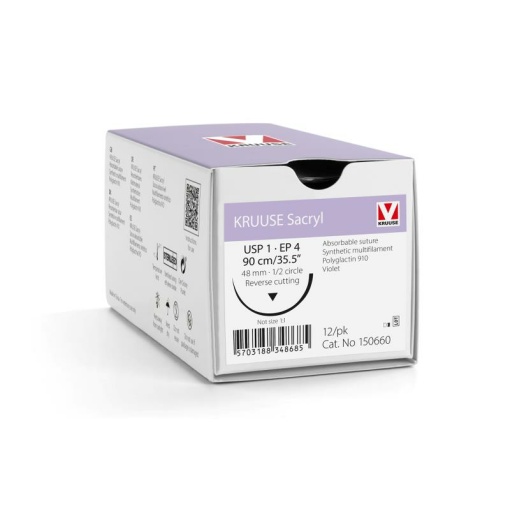 150660 02 1 KRUUSE Sacryl Suture, USP 1/EP 4, 90 cm/35.5", violet, 48 mm needle, 1/2 circle, reverse cutting, 12/pk